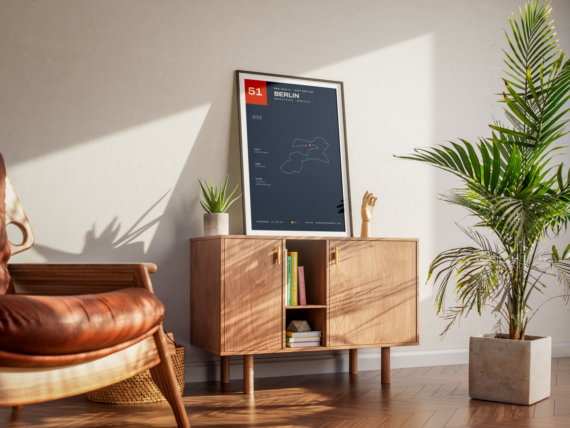 Berlin Marathon Art Poster (Editorial Navy), framed on a chest of drawers