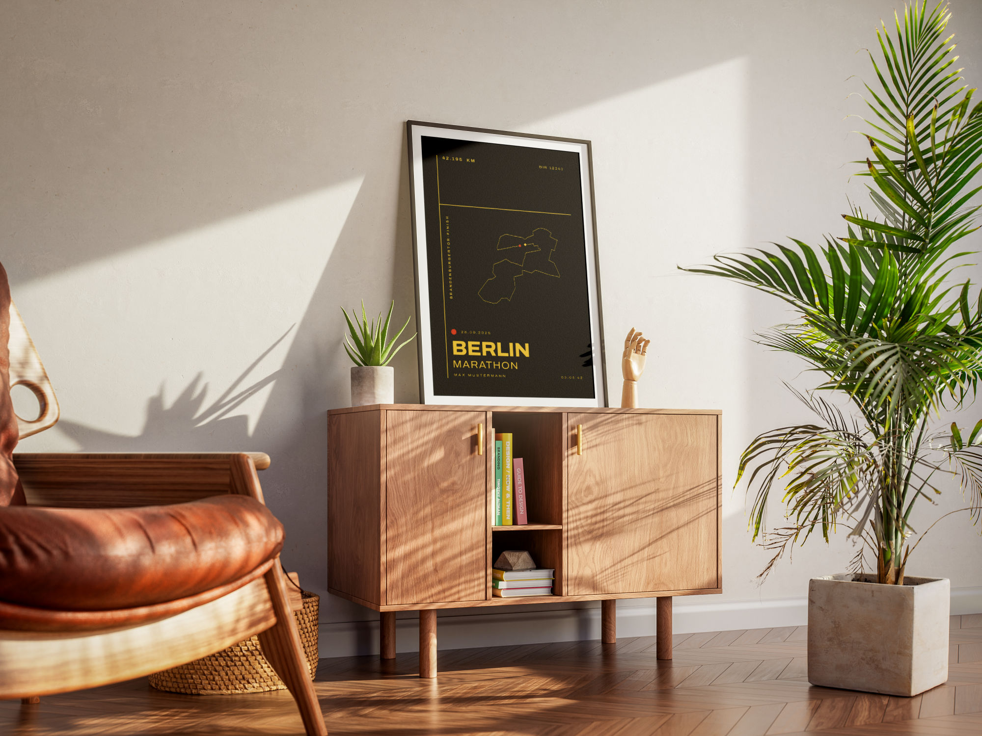 Berlin Marathon Art Poster, Mono Black, framed on a chest of drawers