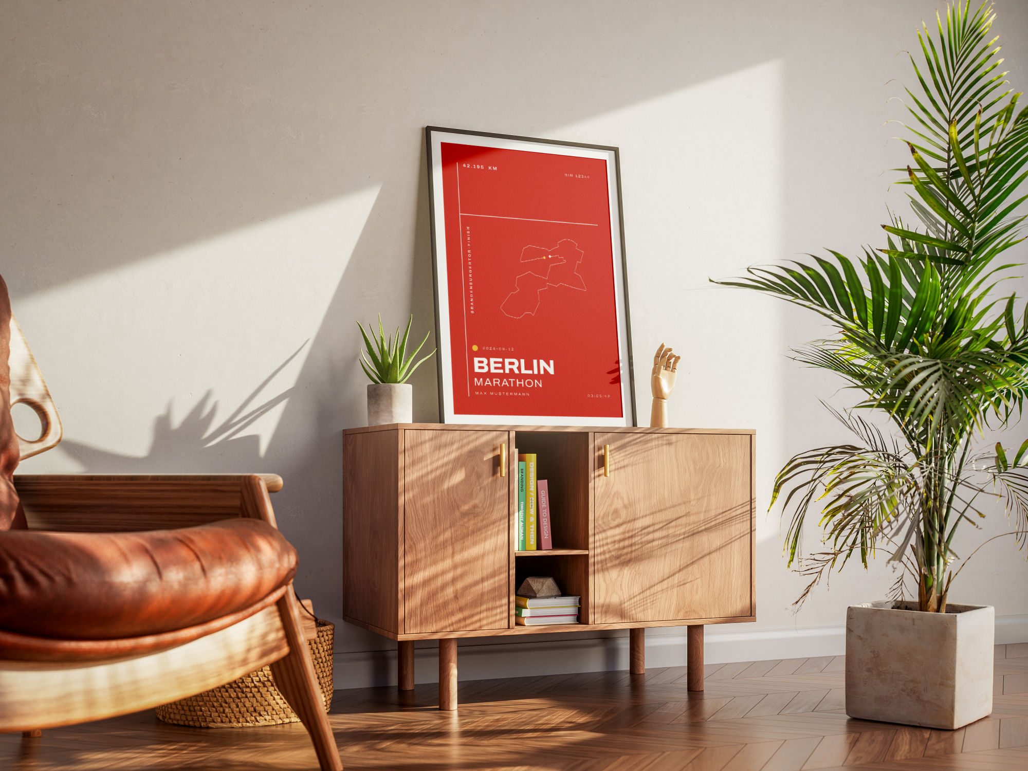 Berlin Marathon Art Poster, Mono Red, framed on a chest of drawers