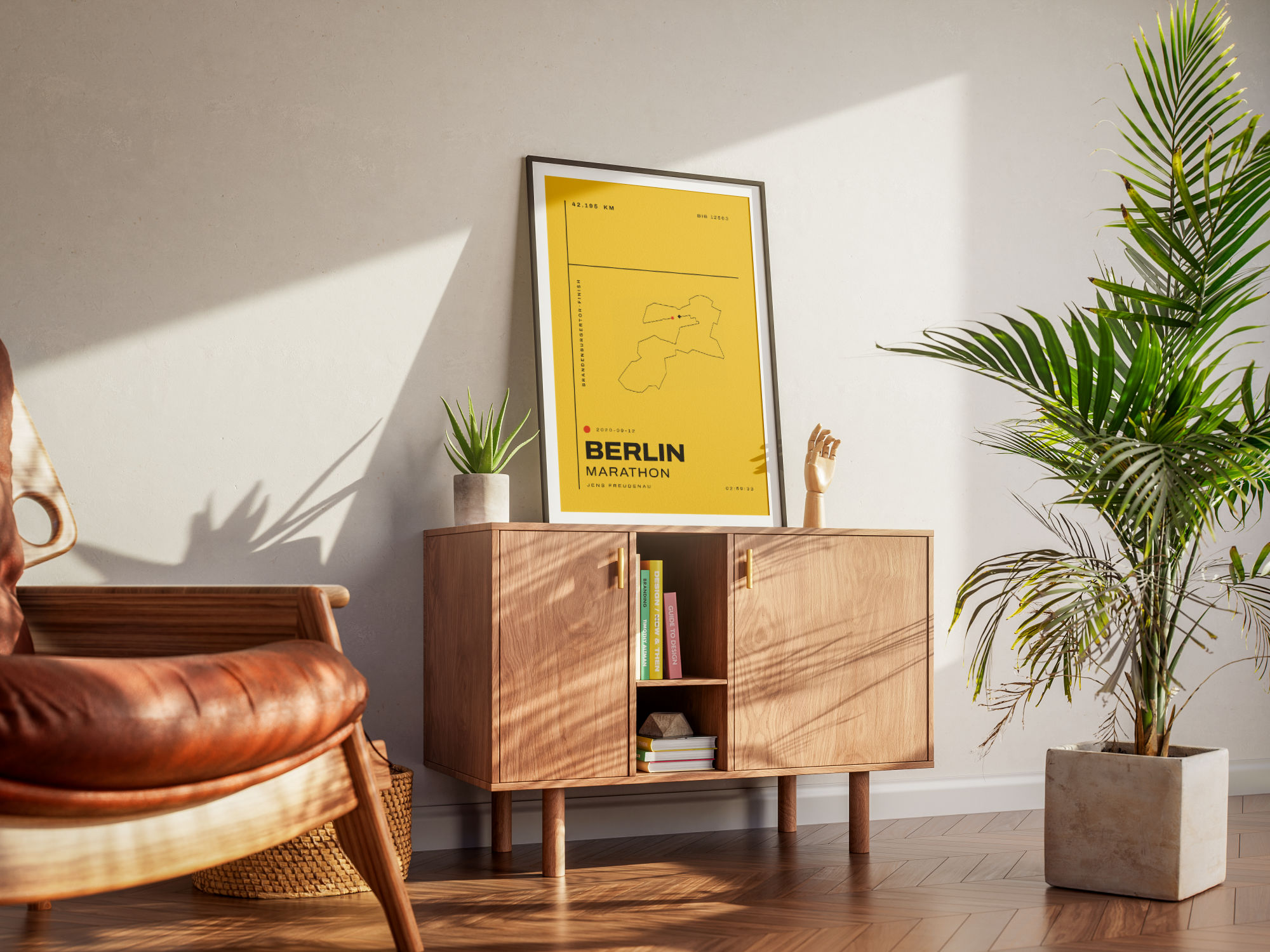 Berlin Marathon Art Poster, Mono Yellow, framed on a chest of drawers