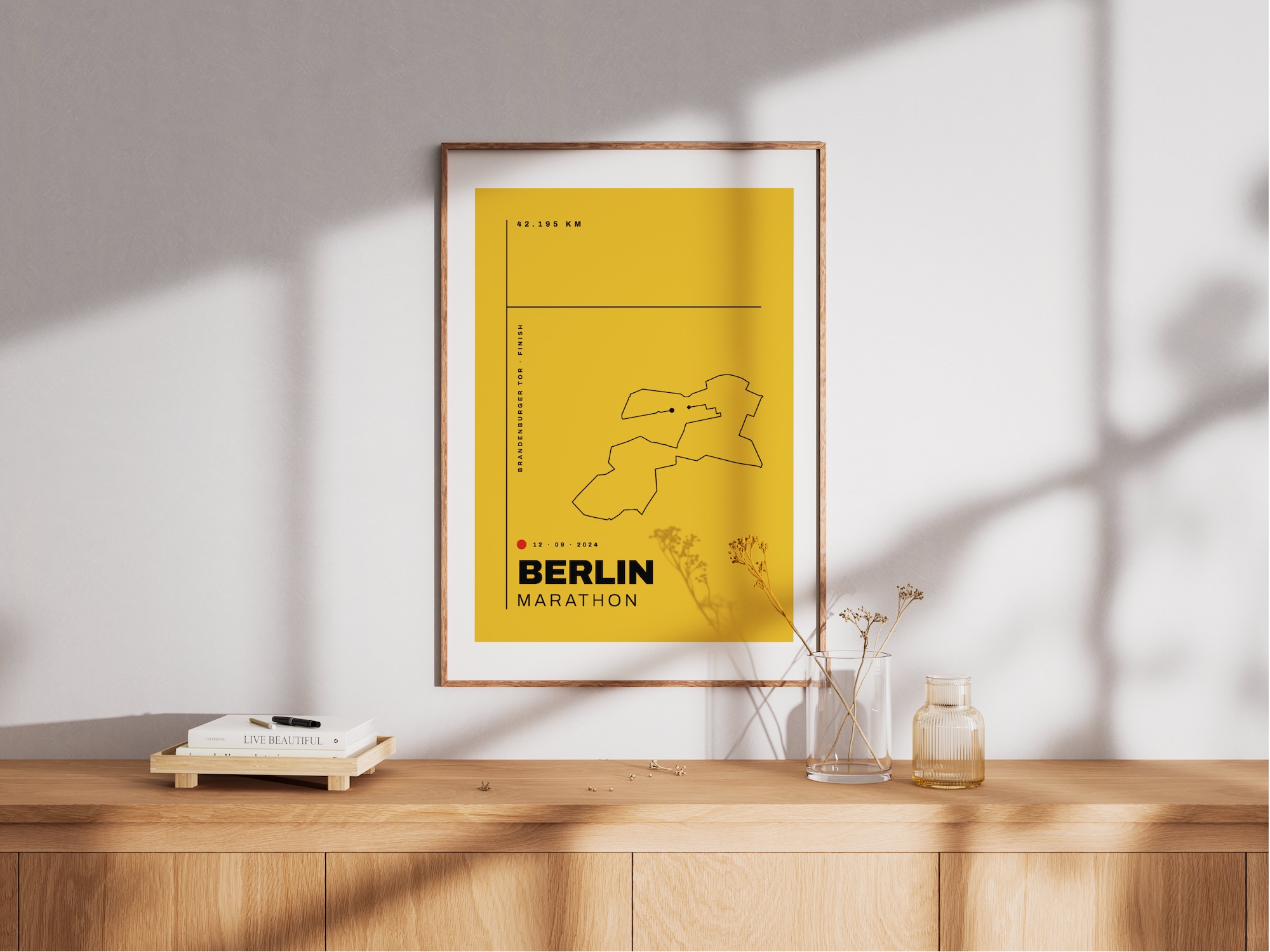 Berlin Marathon Art Poster Mono Yellow on the wall