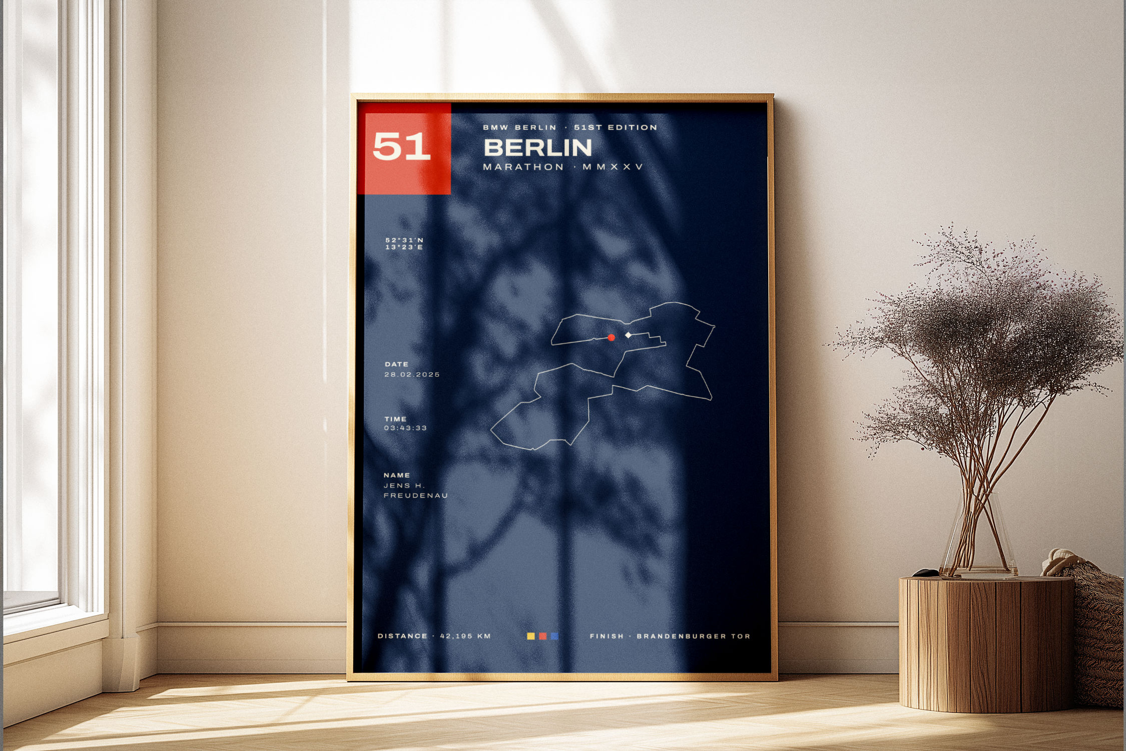 Berlin Marathon Art Poster Editorial Navy in a wooden frame, A2