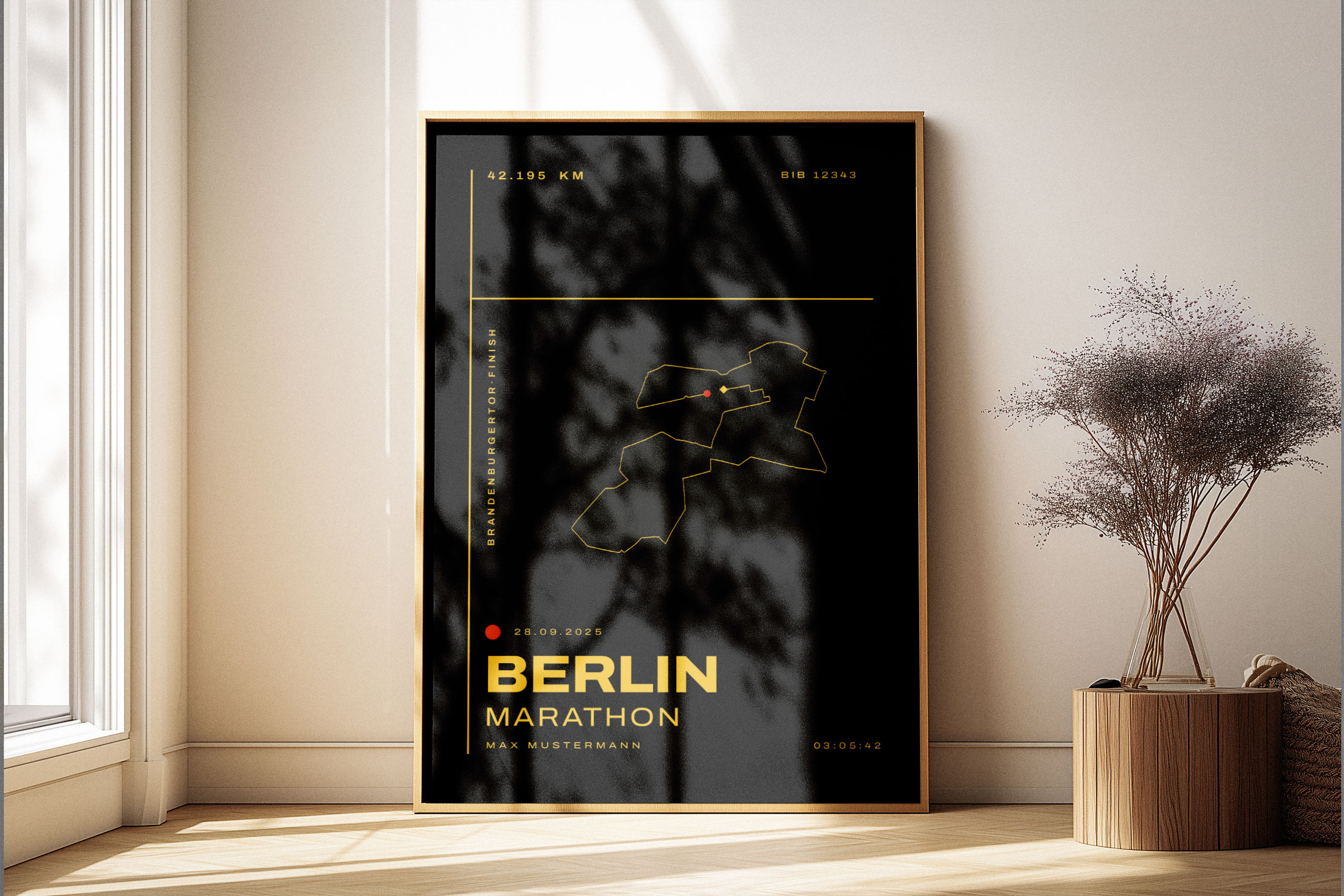 Berlin Marathon Art Poster, Mono Black, A2, Wooden Frame