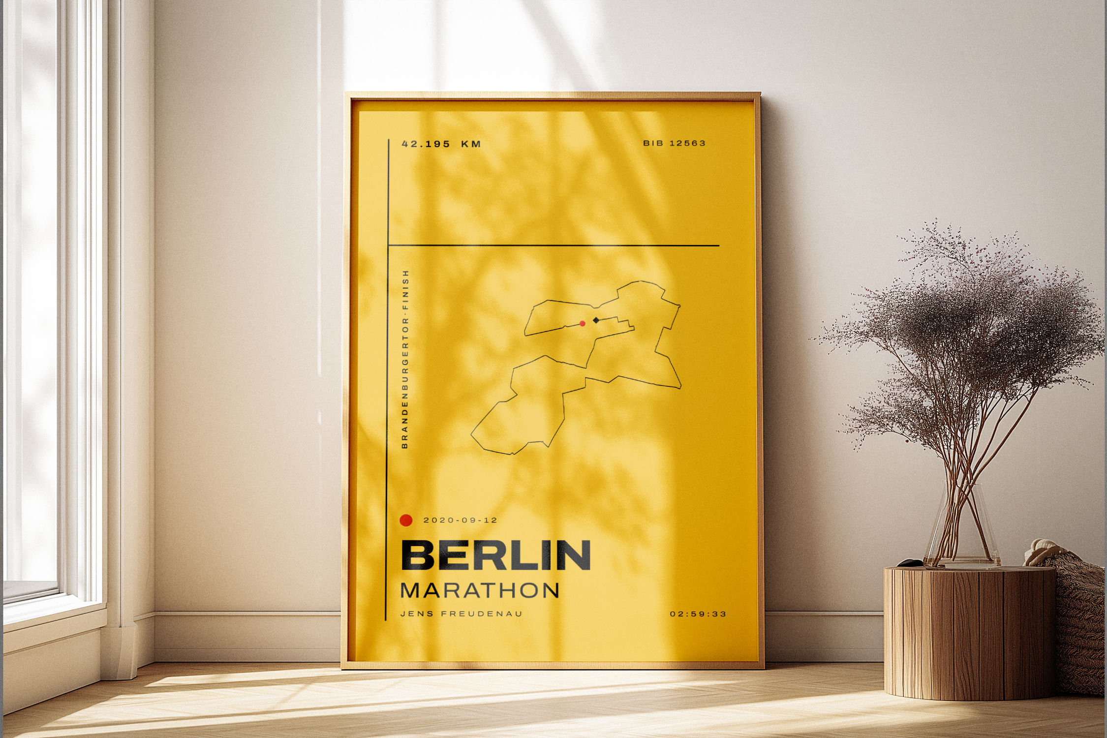 Berlin Marathon Art Poster Mono Yellow A2 Wooden Frame