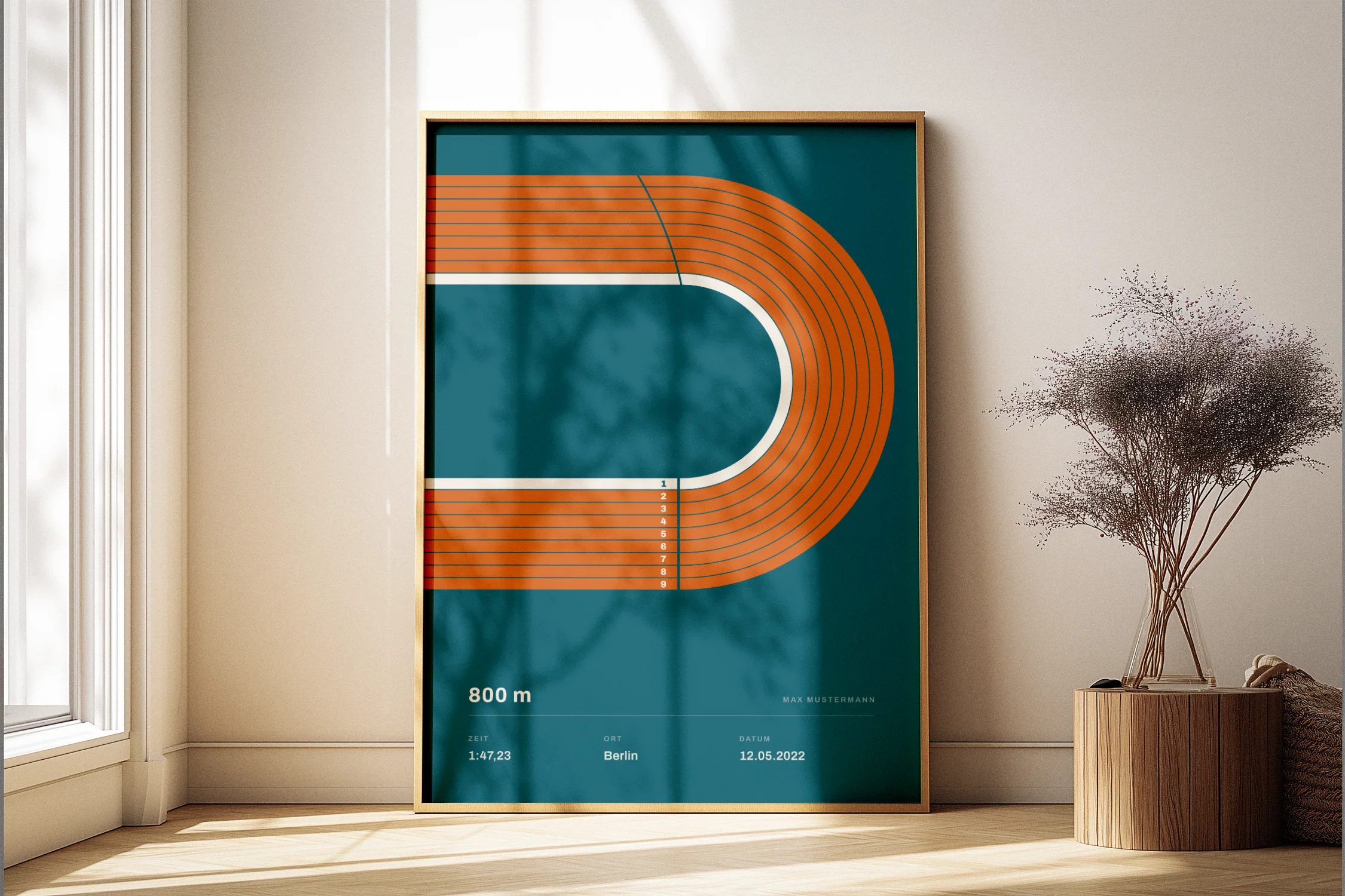 Personalisiertes Laufbahn-Poster 3000m, Tartanbahn mit Zeit Ort und Name