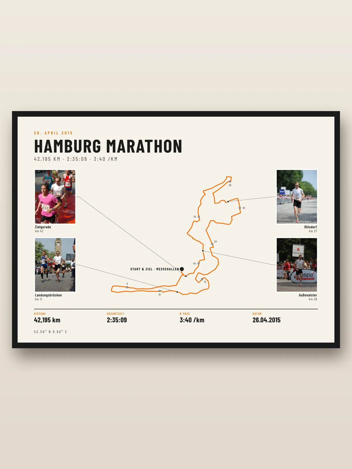 Poster della maratona di Amburgo con foto, tempo finale e passo