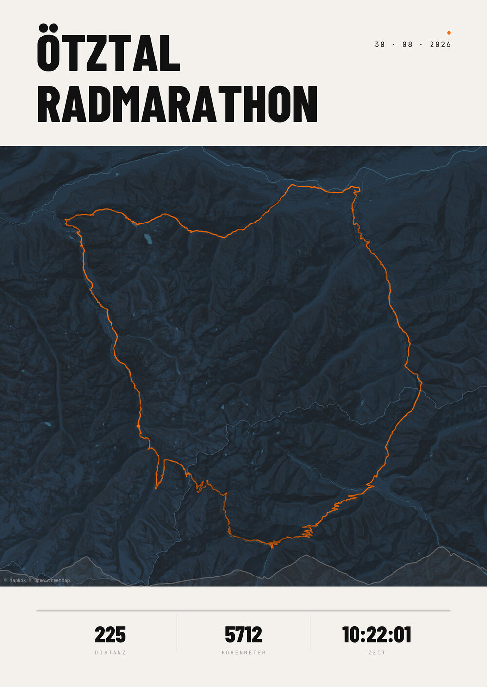 El &Ouml;tztaler Radmarathon como p&oacute;ster de recorrido: 238 km y cuatro puertos.